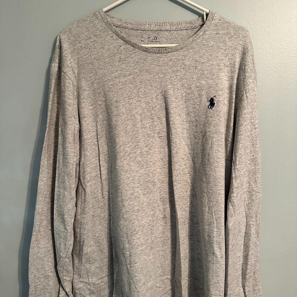 Mens Grey Polo Long Sleeve Shirt, Size Large